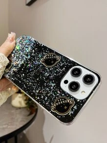 Planet Pattern Glitter Phone Case - Black - View 2