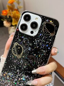 Planet Pattern Glitter Phone Case - Black - View 3