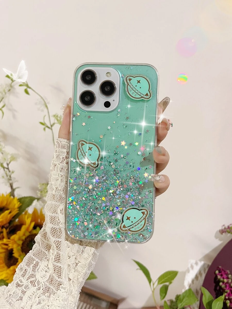 Funda de teléfono con patrón de planeta y brillo, versión internacional, no la versión nacional - Verde - Ver 1
