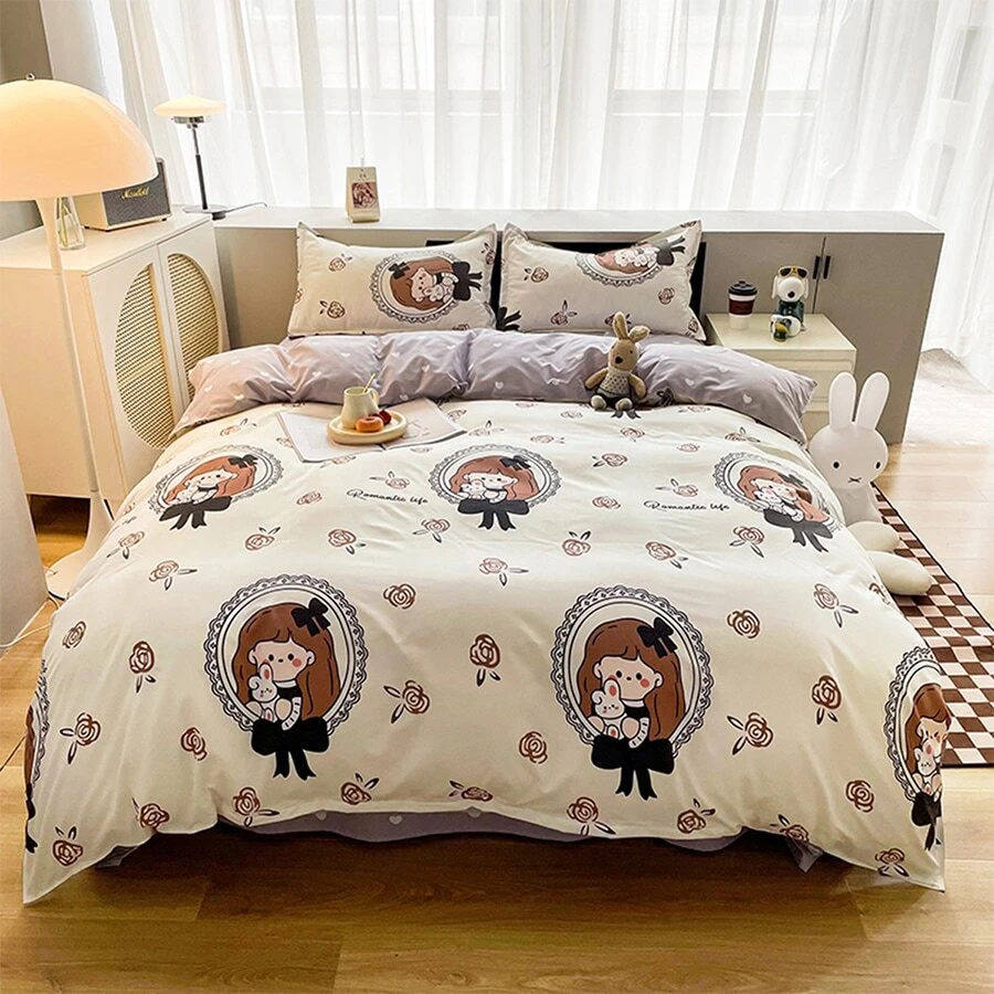 Rose Lovely Little Girl Couple Household Bedding Cover Women Household Bedding Sheet Bedding Set One Complete Set of Bedding Cover Pillow Cover Bedding Sheet Set of Four - Multicolor - View 1