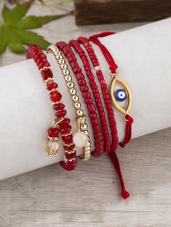 Set de 6 pulseras de ojo malvado vintage para mujeres, adecuadas para uso diario (cantidad de cristal aleatoria)