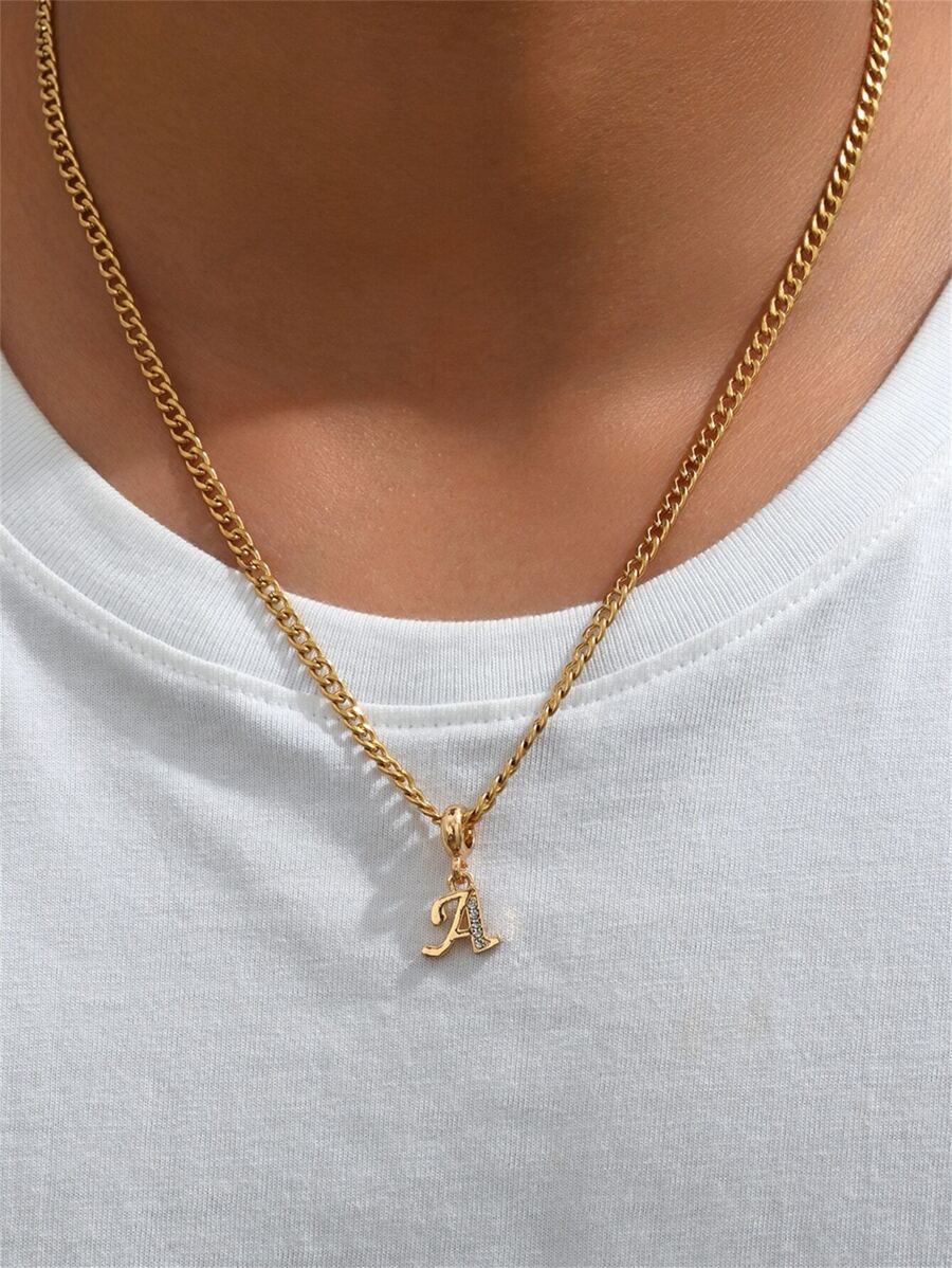 1件 时尚个性化高贵风格26字母立方氧化锆不锈钢项链 - 金色 - 查看 1