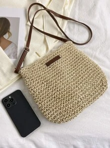 字母貼飾草編包 - 米色 - 查看 4