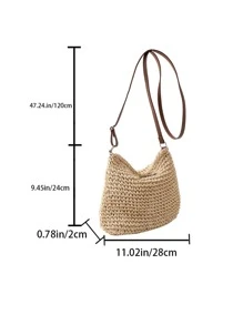 字母貼飾草編包 - 米色 - 查看 5