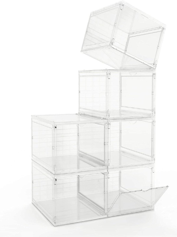 Large Shoe Storage Box Set of 6 Stackable Drop Front Plastic Shoe Organizer Containers with
