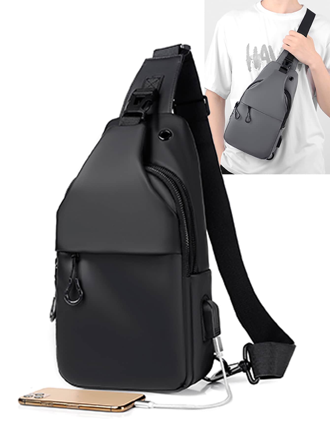 Men Crossbody Shoulder Chest Bag Sling Backpack With USB Port Sling Bag Sport Bag For High School University Student For Travel College School College Bag Fathers Day Gifts Summer Dad Freshman For Books Back To School Multi-Functional Dorm Halloween Gifts For Men Fall Christmas Scream Men Bag Belt Bag Travel Bag Sling Bag For Men Winter Christmas Gifts Fanny Pack Bum Bag Outdoor Thanksgiving Holiday Storage Bag Messenger Bag Shoulder Bag Rider Bag - Black - View 1