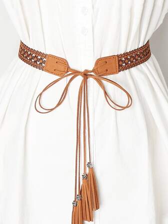 Bohemiskt 1-delat midjebälte med tofsar, modernt midjeband för klänning, skjorta och kjol med knytknutdetalj, konstlädermaterial Halloween Sommar, skola Höst, höst, Halloween