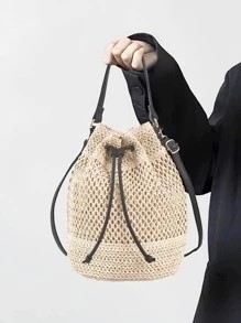 Straw Bag Woven Bucket Bag Women's Drawstring Shoulder Bag For Vacation - Beige - View 2