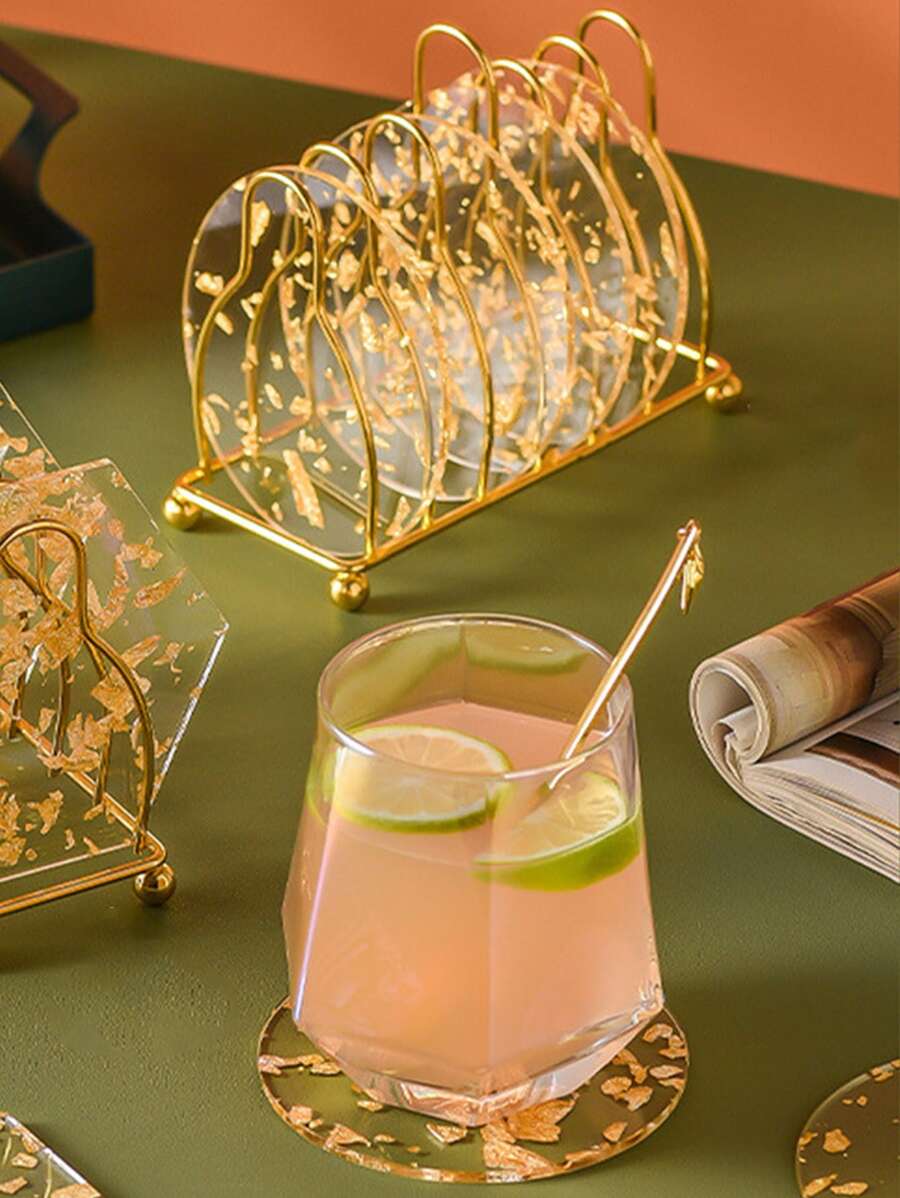 1入組圓形/六角形防水杯墊帶金箔印花適用於咖啡茶飲料杯、餐廳、酒吧 - 金色 - 查看 1