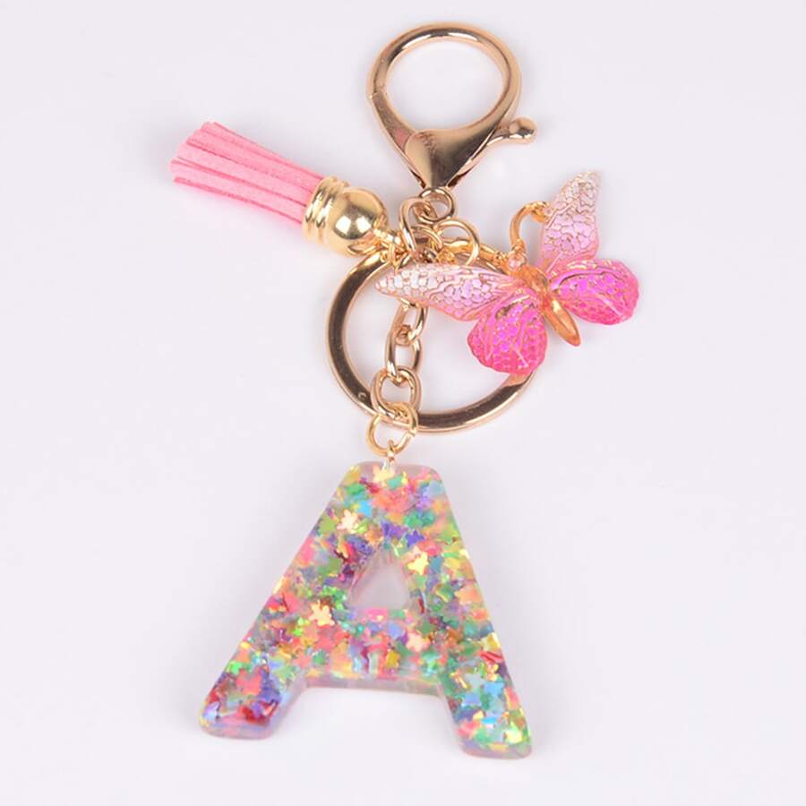 Cute Glowing Resin Letter & Butterfly Keychain With Tassel, Multi-color Alphabet Keyring, Animal Key Holder, For Purse, Bag, Car Key, Charms Party Favors, Christmas Gift
