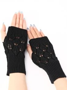 1雙中性情侶黑色短切鏤空樹葉有圖案的半指手套,濃烈香調&時尚露指手套