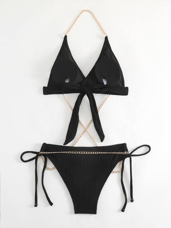 New Ladies Pure Black Ribbed Detachable Chain Sexy Split Bikini SHEIN USA