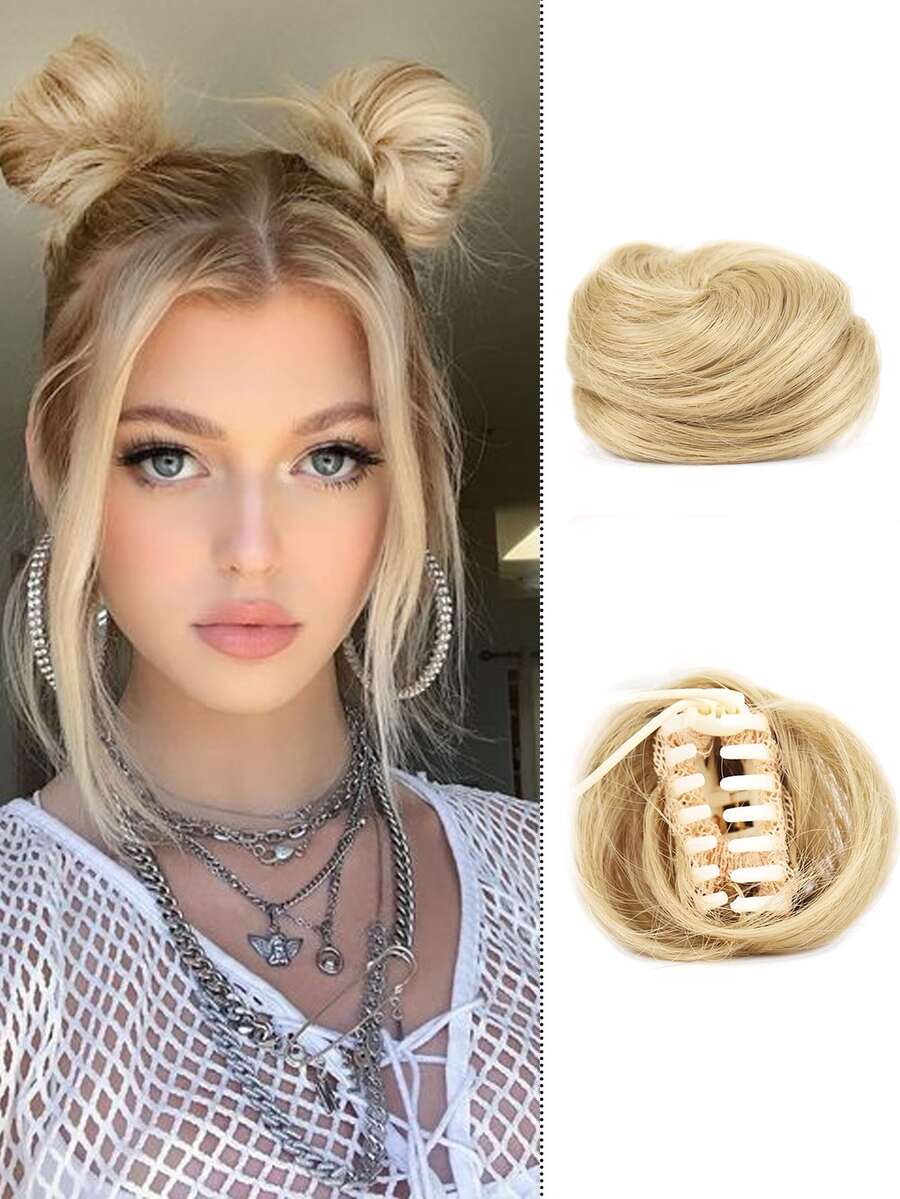 夾藥丸頭假髮女性模擬頭髮毛茸茸自然芽髮飾墊頭髮包裹 - 金色 - 查看 1