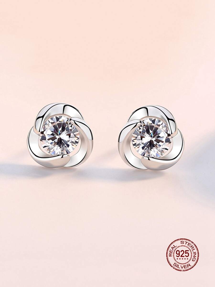 1對S925純銀耳釘訂婚耳環適合女士公主首飾類可愛女孩配件生日週年禮物