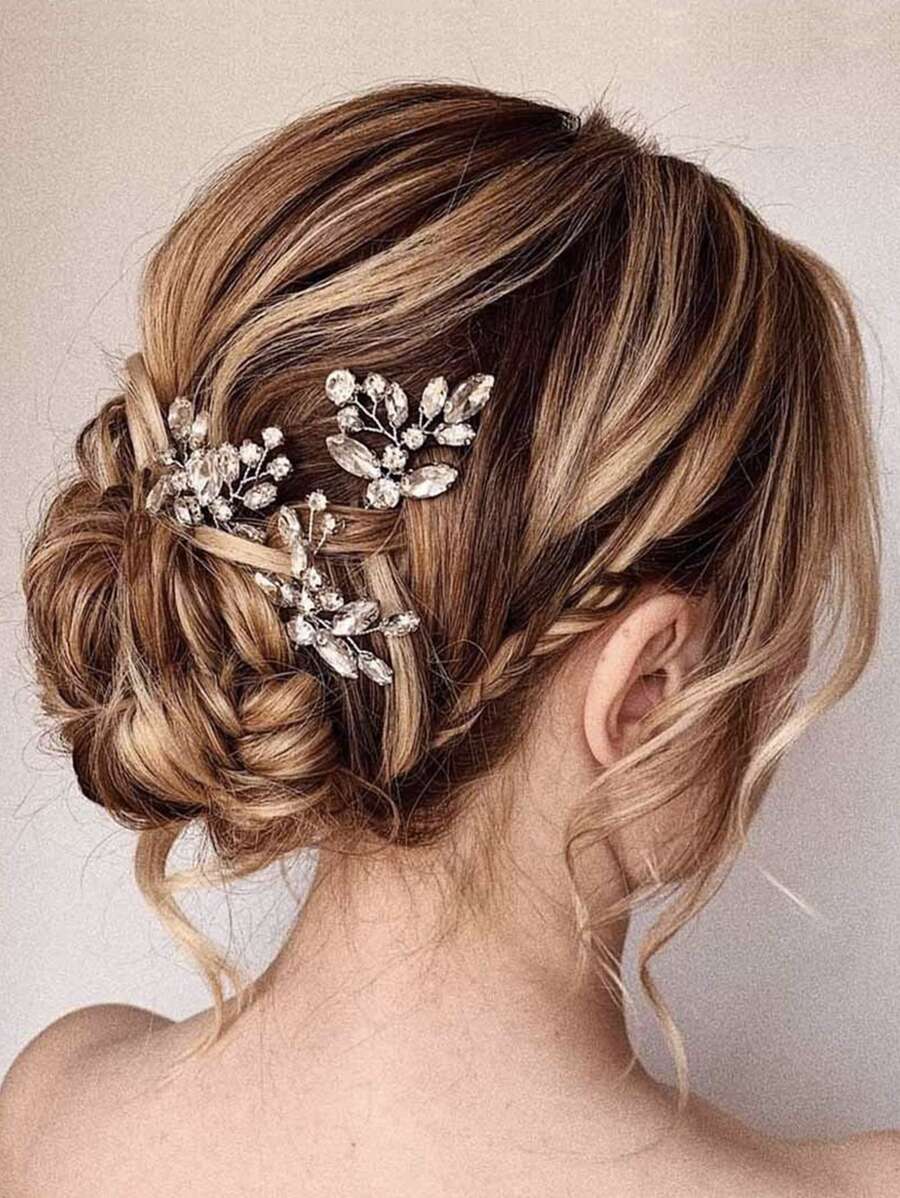 3pcs Crystal Wedding Hair Clips, Handmade Diamond Bride Hair Pins, For Women, Girls, Bridesmaids (Multi-Color) Valentine's Day Accessories - Silver - View 1