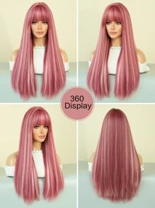 7JHH WIGS 粉色假发混合白色挑染长直合成假发带刘海自然假发适合女士女孩派对角色扮演使用 24 英寸 - 查看 6