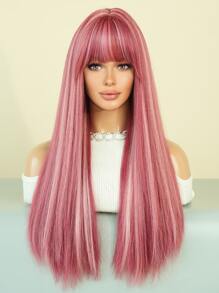 7JHH WIGS 粉色假发混合白色挑染长直合成假发带刘海自然假发适合女士女孩派对角色扮演使用 24 英寸 - 查看 5