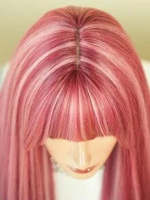 7JHH WIGS 粉色假发混合白色挑染长直合成假发带刘海自然假发适合女士女孩派对角色扮演使用 24 英寸 - 查看 8