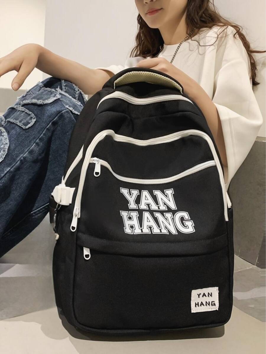 Large Capacity Unisex Style Backpack With Letter Print - Black - View 1