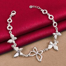 925纯银镀层五蝴蝶链手链，女士时尚魅力婚礼派对订婚首饰 - 銀色 - 查看 1