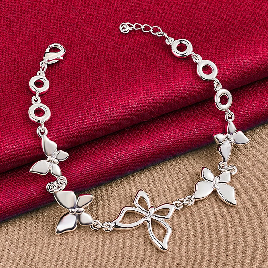 925纯银镀层五蝴蝶链手链，女士时尚魅力婚礼派对订婚首饰 - 銀色 - 查看 1