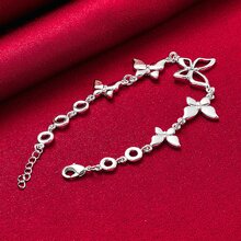 925纯银镀层五蝴蝶链手链，女士时尚魅力婚礼派对订婚首饰 - 銀色 - 查看 2