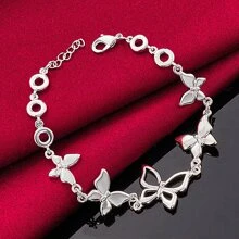 925纯银镀层五蝴蝶链手链，女士时尚魅力婚礼派对订婚首饰 - 銀色 - 查看 4