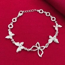 925纯银镀层五蝴蝶链手链，女士时尚魅力婚礼派对订婚首饰 - 銀色 - 查看 3