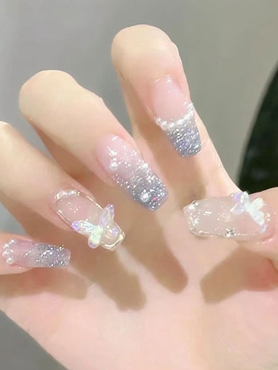 24ピース/セット Y2K ミディアムロングバレリーナネイル三次元蝶、白い椿の花のデザイン、フレンチチップ、パーティー、ダンス、日常着 ラインストーン装飾