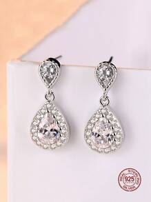 1對奢華S925純銀閃耀方晶鋯石耳釘訂婚耳環適合女士公主首飾類可愛女孩配件生日週年禮物