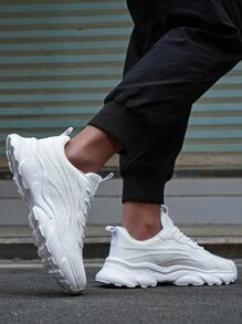 男士夏季透氣防滑厚底跑步鞋，休閒運動鞋 - 白色 - 查看 5