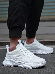 男士夏季透氣防滑厚底跑步鞋，休閒運動鞋 - 白色 - 查看 4