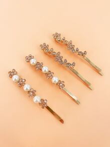 1pc Gold-Color Metal Crystal Rhinestone Leaf Hair Clip, High-Quality Pearl Flower Side Bangs Hairpin, Elegant And Charming Accessory - Black and White - View 13