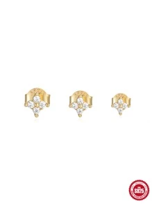 3pcs 3mm, 4mm, 5mm 925 Sterling Silver Stud Earrings, Women's Classic Four-Claw Earrings, European And American Fashion Opal Jewelry Gift - Gold - View 6