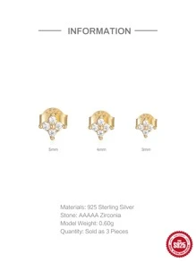 3pcs 3mm, 4mm, 5mm 925 Sterling Silver Stud Earrings, Women's Classic Four-Claw Earrings, European And American Fashion Opal Jewelry Gift - Gold - View 5