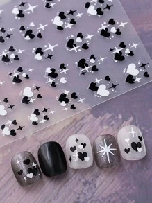 Autocollant d'art d'ongle en forme de cœur noir et blanc avec adhésif, autocollants d'ongle de décals de cœur noir et d'étoiles blanches DIY