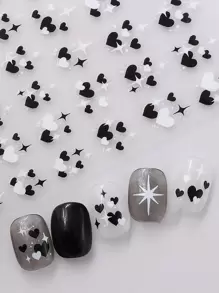 Autocollant d'art d'ongle en forme de cœur noir et blanc avec adhésif, autocollants d'ongle de décals de cœur noir et d'étoiles blanches DIY