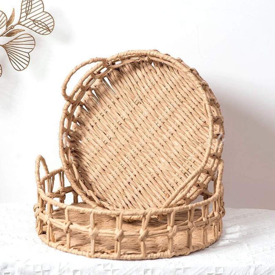 1 Miếng Màu thuần Dệt Trái cây Lưu trữ Cái mâm - Màu be - Xem 1