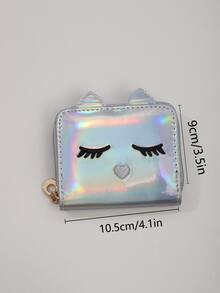 Monedero con patrón de gato de dibujos animados holográfico PU corto - Plateado - Ver 2
