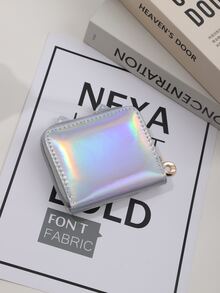 Monedero con patrón de gato de dibujos animados holográfico PU corto - Plateado - Ver 4