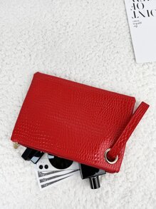 鱷魚紋PU皮革方形斜挎包 - 紅色 - 查看 4