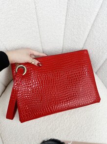 鱷魚紋PU皮革方形斜挎包 - 紅色 - 查看 2