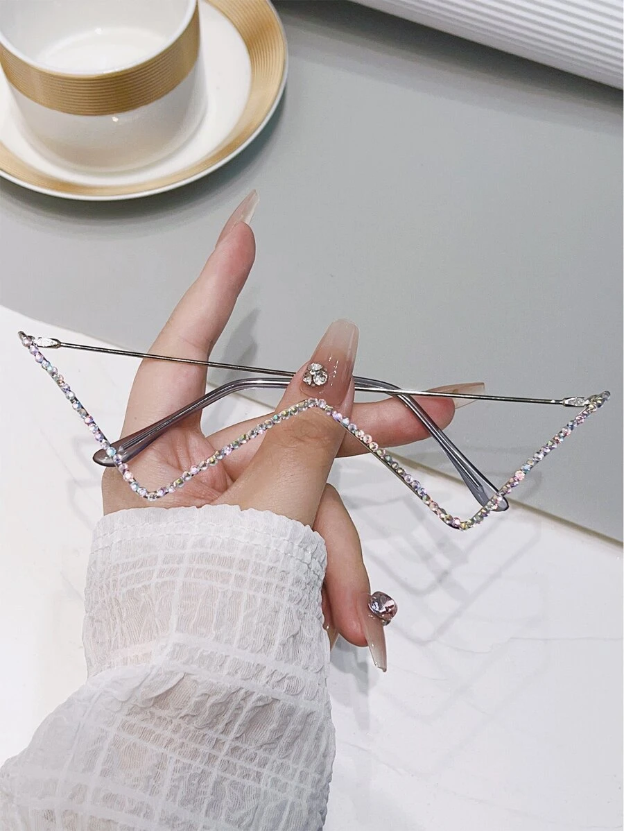 1 pieza Montura de gafas de moda de metal con decoración de rhinestones con forma de W para redes sociales - Plateado - Ver 1