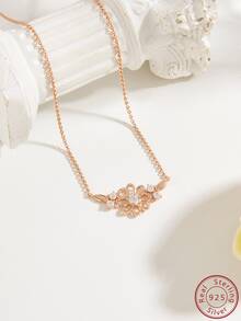 1入組魅力四射方晶鋯石香檳色花朵裝飾純銀吊墜項鍊適合女士適用於精美情人節禮品