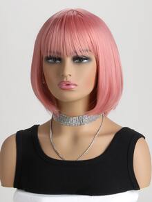 Women's Fashion Natural Short Curly 12-Inch Synthetic Fiber Inverted Bob Short Wig With Air Bangs, Suitable For Cosplay, Halloween, Costume Party - Hồng - Xem 5
