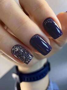 Elevate Your Style With 24pcs Long Square Navy Blue Glitter Full Coverage Fake Nail Set For Women Girls Daily Wear Press On Nails Nail Supplies - Navy Blue - View 1