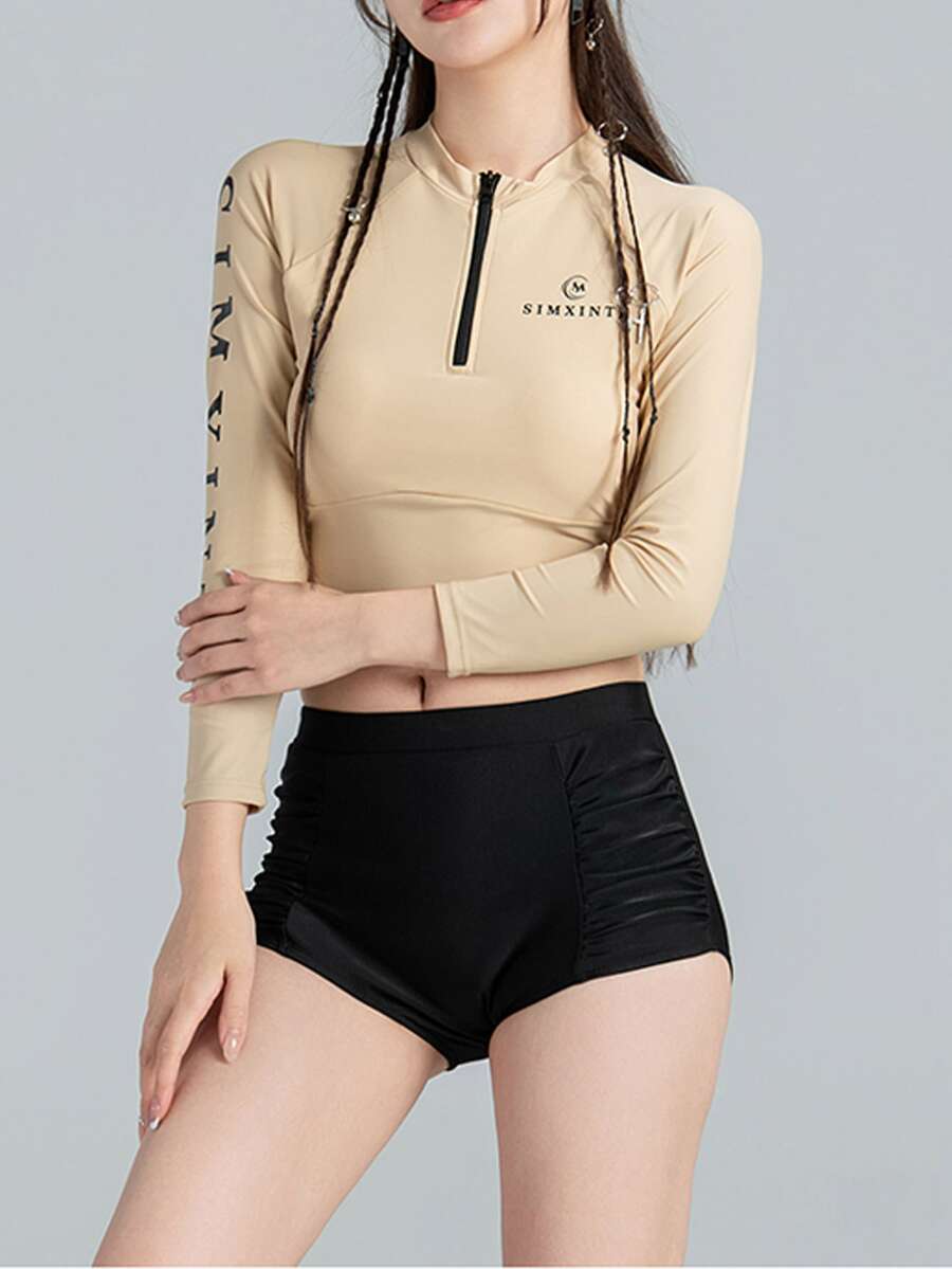Two-Piece Sports Swimwear For Women, Long Sleeve, Sun Protection, Student Style - Apricot - View 1