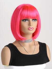 Women's Fashion Natural Short Curly 12-Inch Synthetic Fiber Inverted Bob Short Wig With Air Bangs, Suitable For Cosplay, Halloween, Costume Party - 玫紅色 - 查看 3