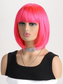 Women's Fashion Natural Short Curly 12-Inch Synthetic Fiber Inverted Bob Short Wig With Air Bangs, Suitable For Cosplay, Halloween, Costume Party - 玫紅色 - 查看 4