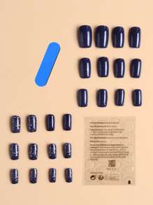 Elevate Your Style With 24pcs Long Square Navy Blue Glitter Full Coverage Fake Nail Set For Women Girls Daily Wear Press On Nails Nail Supplies - Navy Blue - View 2